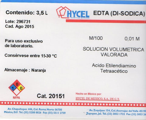 EDTA DISODICA M/2 - 0.5 MOLAR o FRACCIONAL (a especificación exacta)